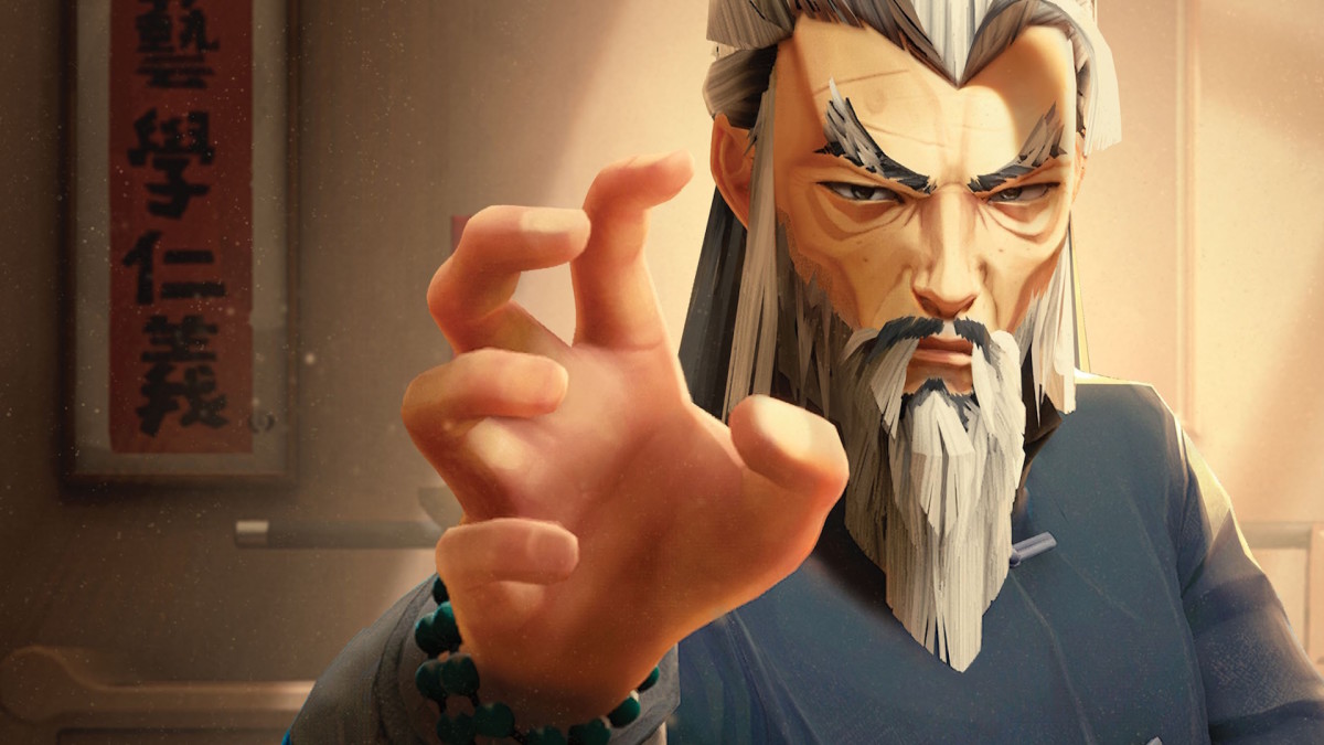 Sifu's hero as an old man, with his right hand making a grasping shape, preparing to unleash one of his skills